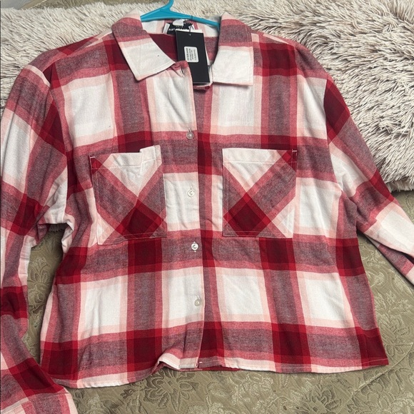 Mark New York Tops - Plaid Crop Button-Front Top - Red/White
